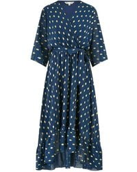 Yumi' - Foil Print Wrap Over Dip Hem Midi Dress - Lyst