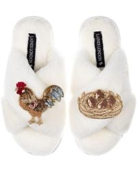 Laines London - Neutrals Classic Laines Slippers With Rooster & Nest Of Eggs Brooches - Lyst