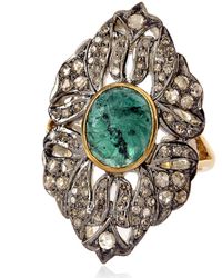 Artisan - Emerald Cocktail Designer Ring Diamond 14k Gold 925 Sterling Silver Jewelry - Lyst