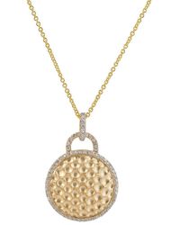 Genevive Jewelry - Sterling Silver Gold Plated Round Hammered Drop Pendant - Lyst