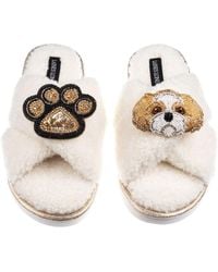 Laines London - Neutrals Boucle Slippers With Paw & & Shih Tzu Brooches - Lyst