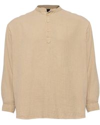Monique Store - Linen Mandarin Neck Half Button Long Sleeve Shirt Beije - Lyst