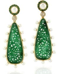 Artisan - 18K Carved Jade, Emerald, Pearl And Diamond Drop Earrings - Lyst