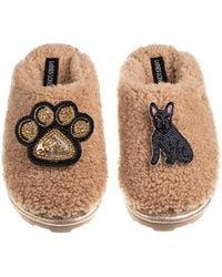 Laines London - Neutrals Teddy Closed Toe Slippers With Paw & Sitting French Bulldog Brooches - Lyst