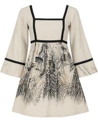 Conquista - Neutrals Artistic Print Dress With Square Neckline & Flared Sleeves - Lyst