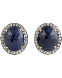 Artisan - 18k Solid Gold With 925 Silver In Oval Shape Blue Sapphire & Pave Diamond Stud Earrings - Lyst