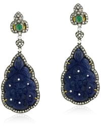 Artisan - Carved Blue Sapphire & Emerald With Pave Diamond In 18k Gold Silver Designer Earrings - Lyst