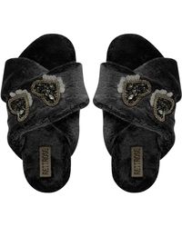 Rettrose - Katie Charcoal Luxury Plush Diamanté Heart Embellished Handmade Slipper - Lyst