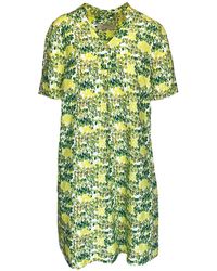 Haris Cotton - Knee Length Printed Linen Blend Dress With Notched Neckline - Lyst