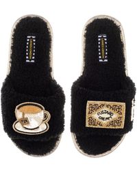 Laines London - Teddy Towelling Slipper Sliders With Tea & Biscuit Brooches - Lyst