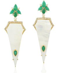 Artisan - Mother Of Pearl Dangle Earrings Natural Emerald 18k Yellow Gold Jewelry - Lyst