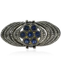 Artisan - Bezel Set Blue Sapphire Gemstone & Pave Diamond In 18k Gold With 925 Silver Knuckle Ring - Lyst