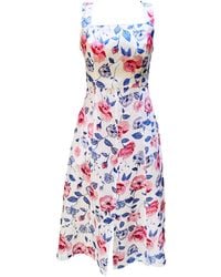 Haris Cotton - Square Neck Printed Linen Tie Back Dress With Front Slit Wild Rose - Lyst