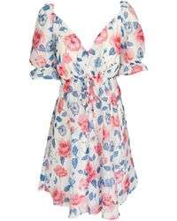Haris Cotton - Printed Mini Silk Blend Dress With Puff Sleeves Wild Rose - Lyst