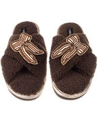 Laines London - Neutrals Neutral Boucle Slippers With & Pearl Beaded Stripe Bow Brooches - Lyst
