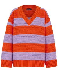 Cara & The Sky - Millie Crochet Stripe V Neck Cotton Blend Jumper - Lyst