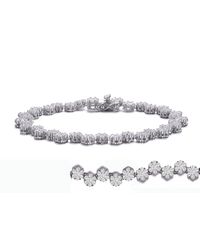 Genevive Jewelry - Sterling Silver With Rhodium Plated Clear Round Cubic Zirconia Cluster Flower Link Bracelet - Lyst