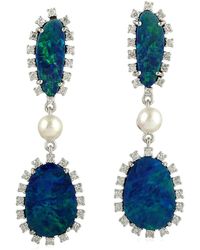 Artisan - 18k White Gold Pave Diamond & Opal Doublet With Pearl Dangle Earring's - Lyst