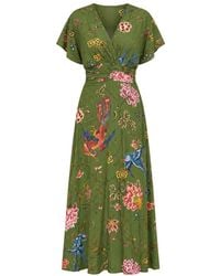 Yumi' - Bird And Floral Print Ruched Waist Kimono Midi Dress - Lyst