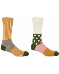 Peper Harow - Made in England - Mustard Oxford Stripe & Cream Mayfair Socks 2 Pack - Lyst