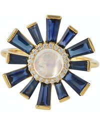 Artisan - 18k Yellow Gold In Pave Diamond With Tapered Blue Sapphire & Moonstone Cocktail Ring - Lyst
