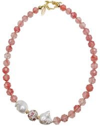 Farra - Watermelon Quartz With Baroque Pearls Statement Necklace - Lyst