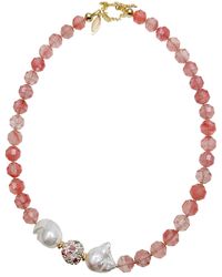 Farra - Watermelon Quartz With Baroque Pearls Statement Necklace - Lyst