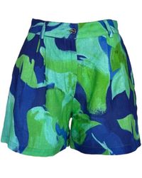 Haris Cotton - Printed Linen Shorts With Front Pleats Lagoon - Lyst