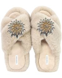 Yomisma - Neutrals Eco Faux Fur Slippers – Recycled Faux Fur + Clear Brooch Embellishment - Lyst