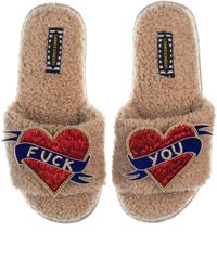 Laines London - Neutrals Teddy Toweling Slipper Sliders With Fuck You Brooches - Lyst