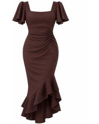 Girl In Mind - Leona Square Neck Frill Midi Dress - Lyst