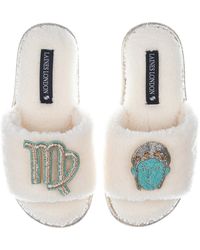 Laines London - Teddy Towelling Slipper Sliders With Virgo Zodiac Brooches - Lyst