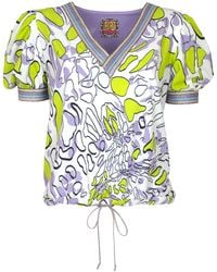 Lalipop Design - Puff Sleeves V-neck Blouse With Abstract Printed Front - Lyst