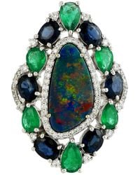 Artisan - Opal Doublet & Pear Cut Emerald With Oval Blue Sapphire Pave Diamond In 18k White Gold Cocktail Ring - Lyst