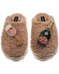 Laines London - Neutrals Teddy Closed Toe Slippers With Champagne & Glass Brooches - Lyst