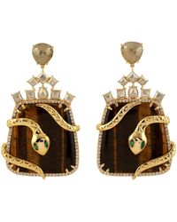 Artisan - 18k Gold In Ice Diamond & Square Tiger Eye With Marquise Tsavorite Wrap Snake Dangle Earrings - Lyst