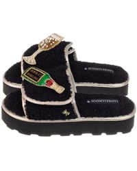 Laines London Terry Towelling Flatform Sliders With Bubbles Darling Brooches - Black