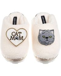Laines London - Neutrals Teddy Closed Toe Slippers With Cat Mum/Mom & Persian Cat Brooches - Lyst