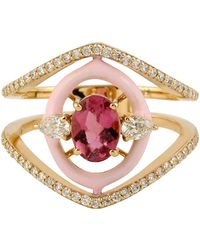 Artisan - Oval Cut Pink Tourmaline & Pave Pear Cut Diamond In 18k Gold Enamel Designer Ring - Lyst