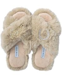 Yomisma - Neutrals Eco Faux Fur Slippers – Recycled Faux Fur With Lucky + Horseshoe Embellishment - Lyst