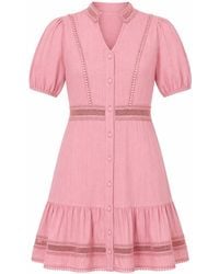 Yumi' - Cotton Lace Trim Skater Shirt Dress - Lyst
