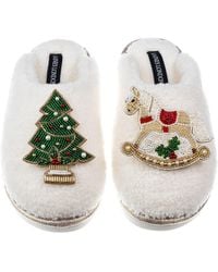Laines London - Neutrals Teddy Closed Toe Slippers With Christmas Tree & Rocking Horse Brooches - Lyst