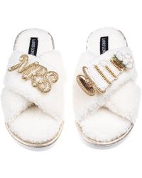 Laines London - Neutrals Laines Neutral Boucle Slippers With Wedding Cake & Mrs Brooches - Lyst