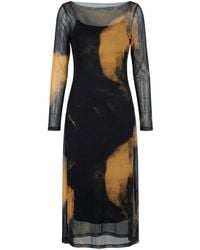 Modenaire - Sheer Mesh Midi Dress With Abstract Print And Layered Slip - Lyst