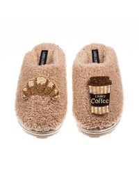 Laines London - Neutrals Teddy Closed Toe Slippers With Coffee & Croissant Brooches - Lyst