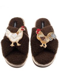 Laines London - Neutrals Laines Neutral Boucle Slippers With Chicken & Rooster Brooches - Lyst
