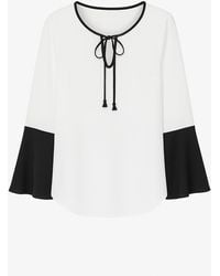 Conquista - Neutrals Contrast Detail Ecru Top With Long Bell Sleeves & Keyhole Tie Fastening By Fashion - Lyst