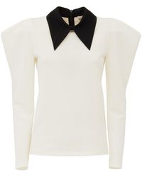 Julia Allert - Neutrals Long Sleeve Blouse With Contrast Collar Ecru - Lyst