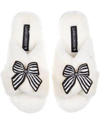 Laines London - Neutrals Classic Laines Slippers With Stripe Bow Brooches - Lyst