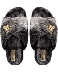 Rettrose - Sofia Charcoal Luxury Plush Diamanté Embellished Handmade Slipper - Lyst